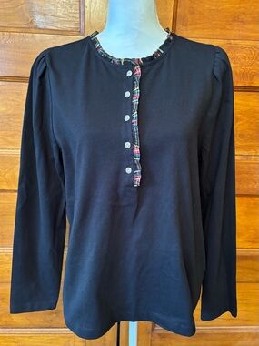 J. Crew Black Long-Sleeve Henley Top with Plaid Trim